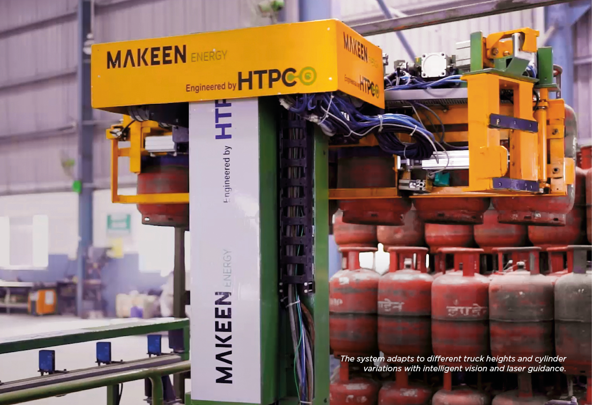 The system adapts to different truck heights and cylinder variations with intelligent vision and laser guidance