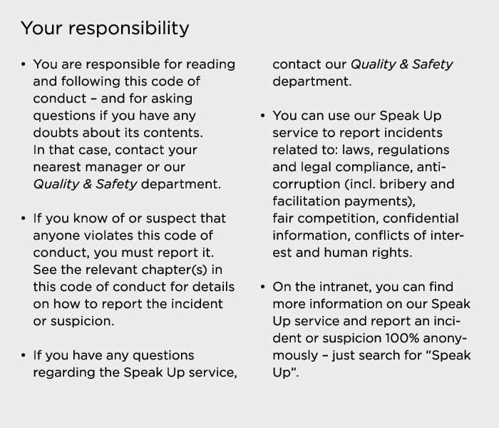 Your responsibility   You are responsible for reading and following this code of conduct   and for asking questions i   