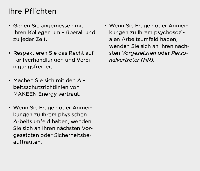 Ihre Pflichten   Gehen Sie angemessen mit Ihren Kollegen um   überall und zu jeder Zeit    Respektieren Sie das Recht   