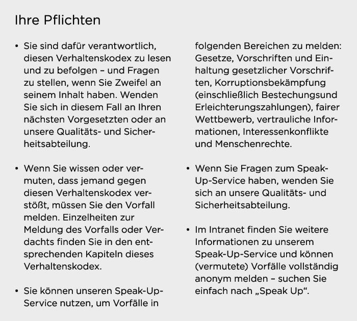 Ihre Pflichten   Sie sind dafür verantwortlich, diesen Verhaltenskodex zu lesen und zu befolgen   und Fragen zu stell   
