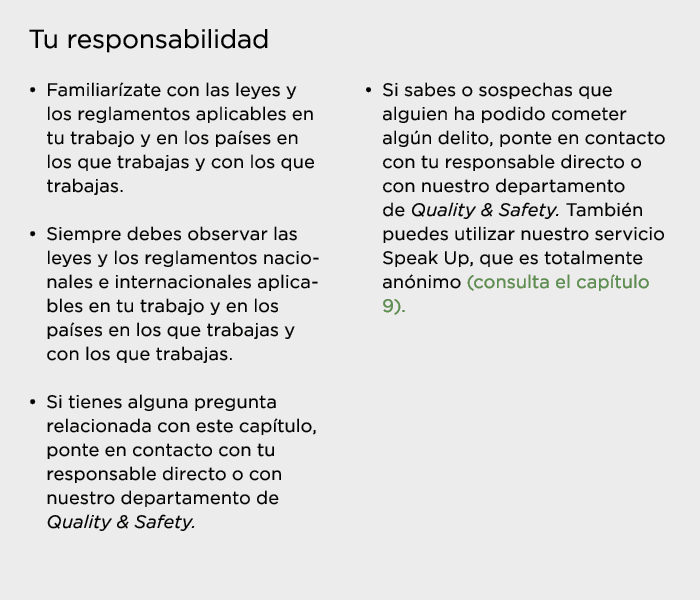 Tu responsabilidad   Familiarízate con las leyes y los reglamentos aplicables en tu trabajo y en los países en los qu   