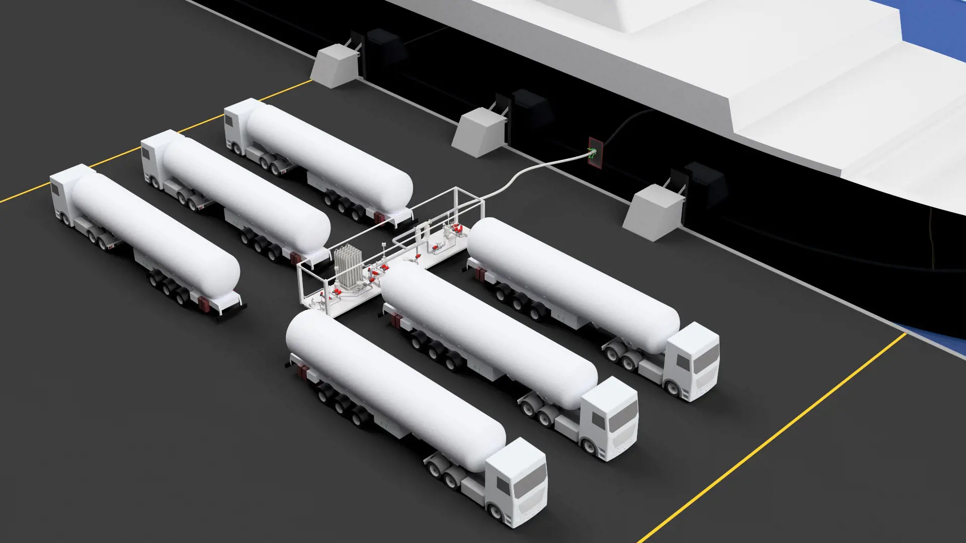 illustration of 6 trucks bunkering a ship