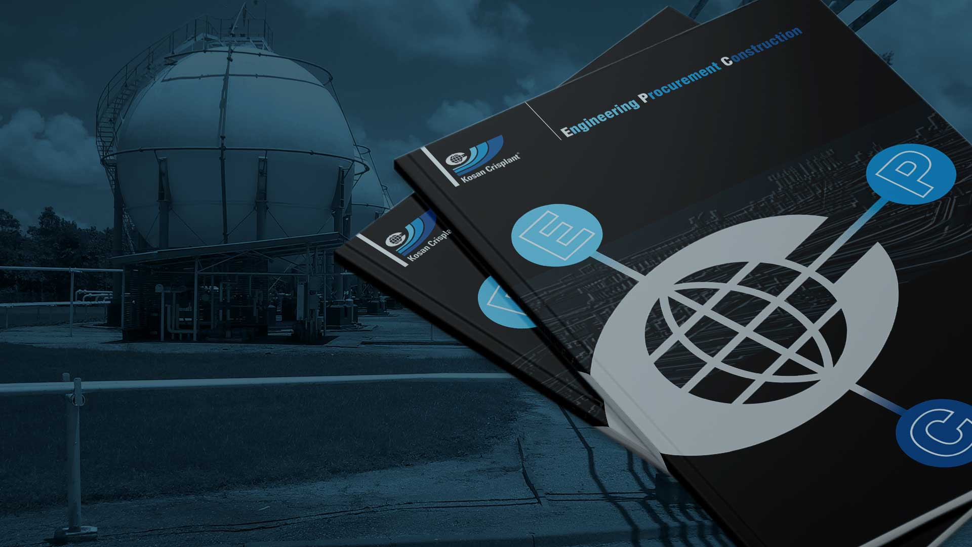 image of a spherical lpg tank in the background and a brochure cover in front