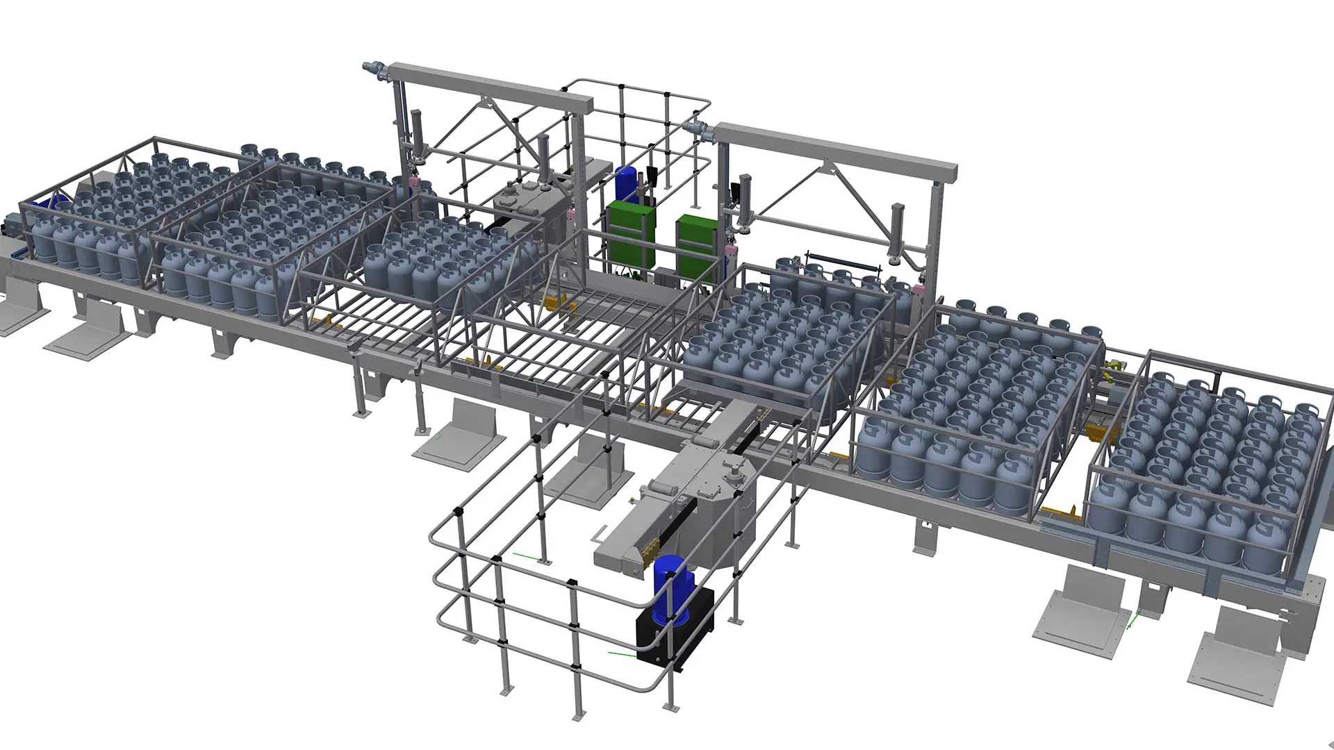 3D illustration of linear palletiser with automatic pallet transport on chain conveyor