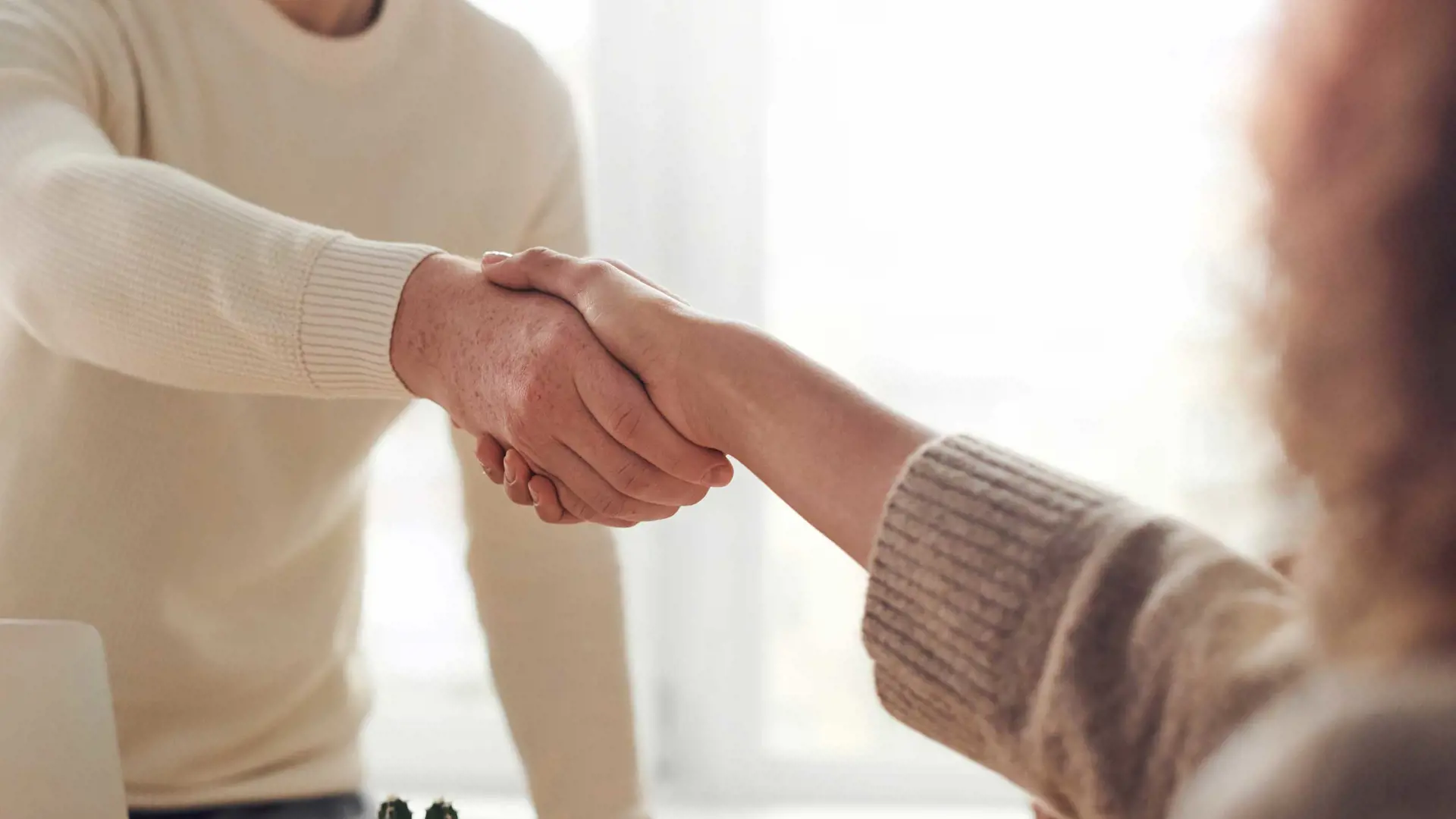 Two people shaking hands over a table