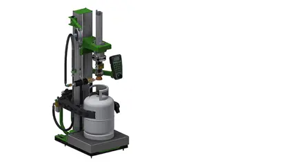 3D illustration of UFM universal filling machine with semi-automatic filling head and automatic valve opener/closer for screw valves