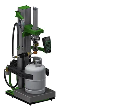 3D illustration of UFM universal filling machine with semi-automatic filling head and automatic valve opener/closer for screw valves