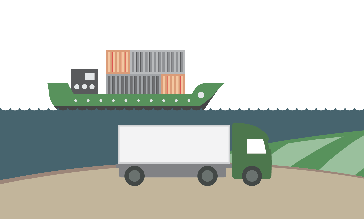 illustration of a container ship and a truck