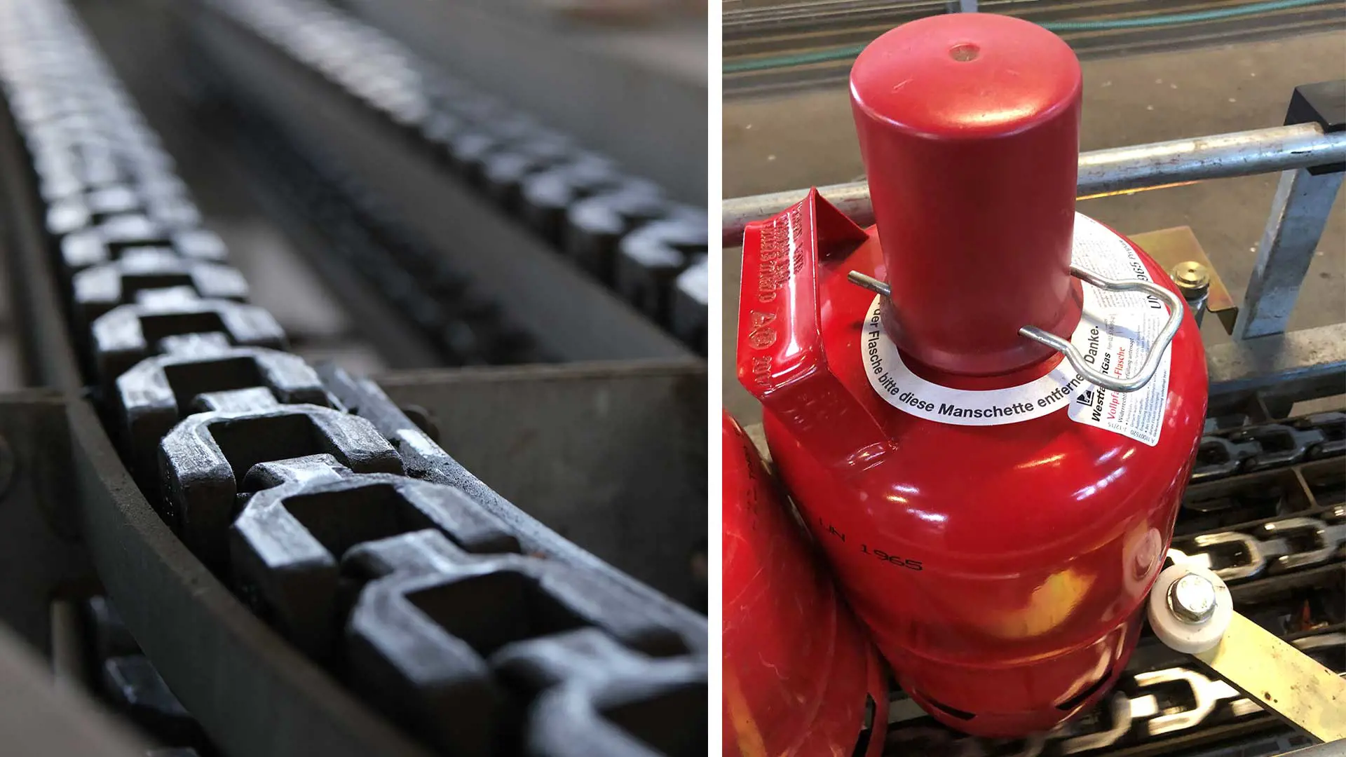 Image looking down at the top of a red LPG cylinder on a chain conveyor