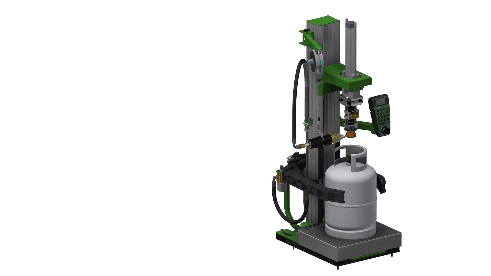 3D illustration of UFM universal filling machine with semi-automatic filling head and automatic valve opener/closer for screw valves