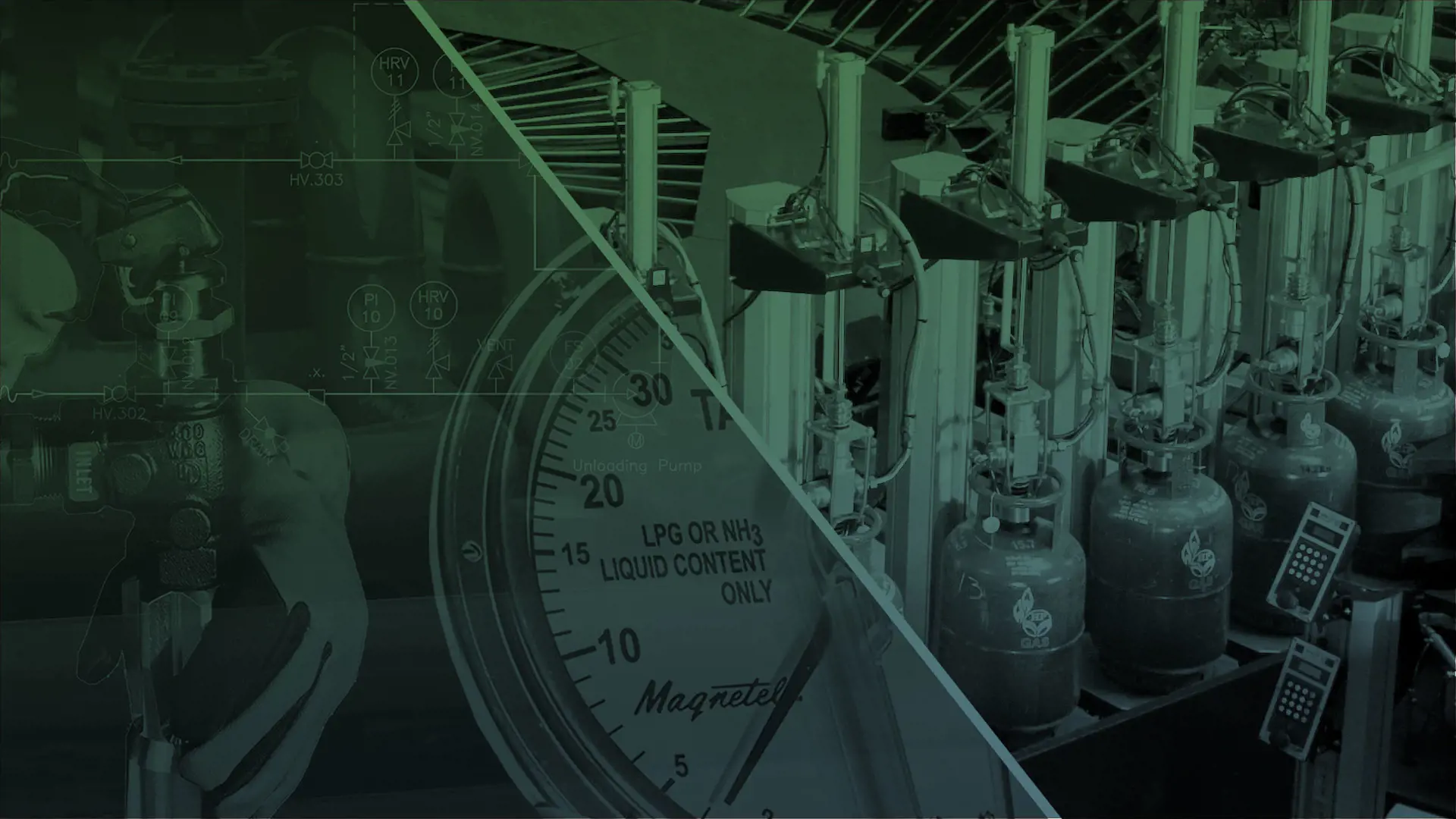 Green-tinted graphic of gas equipment and LPG filling carrousel