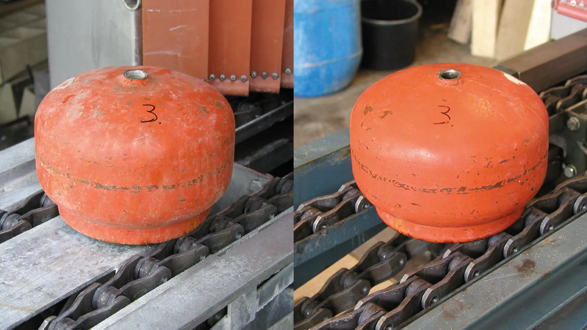 Two gas bottles, one dirty and one clean