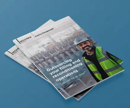 image of brochure cover with a smiling man in a suite, LPG cylinders in the background and a title saying Facility Management