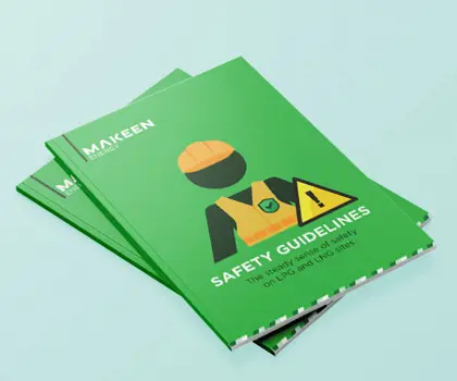 image of brochure cover with an illustration of a man wearing orange helmet and safety west