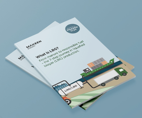 image of brochure cover with an illustration of a LBG tank bunkering a green ship and refuelling a green truck