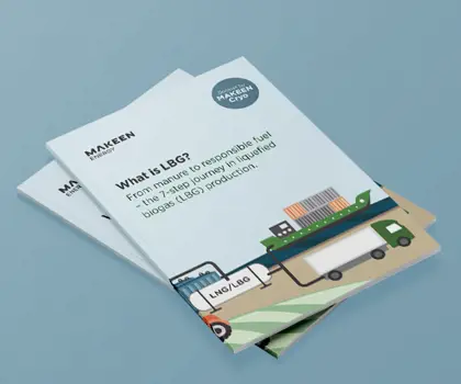 image of brochure cover with an illustration of a LBG tank bunkering a green ship and refuelling a green truck