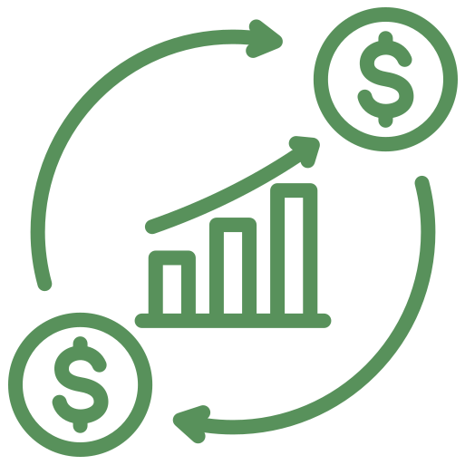 icon for high cost savings two coins combined and an upgoing graph