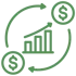icon for high cost savings two coins combined and an upgoing graph