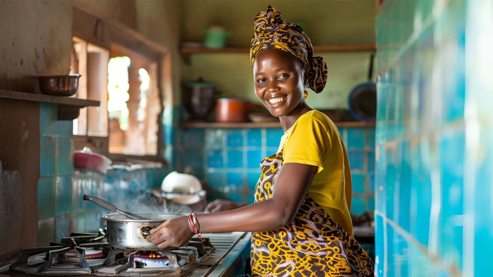 A African woman cooking on a gas stove
