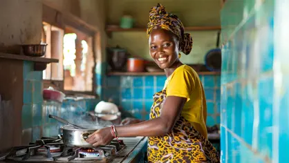 A African woman cooking on a gas stove