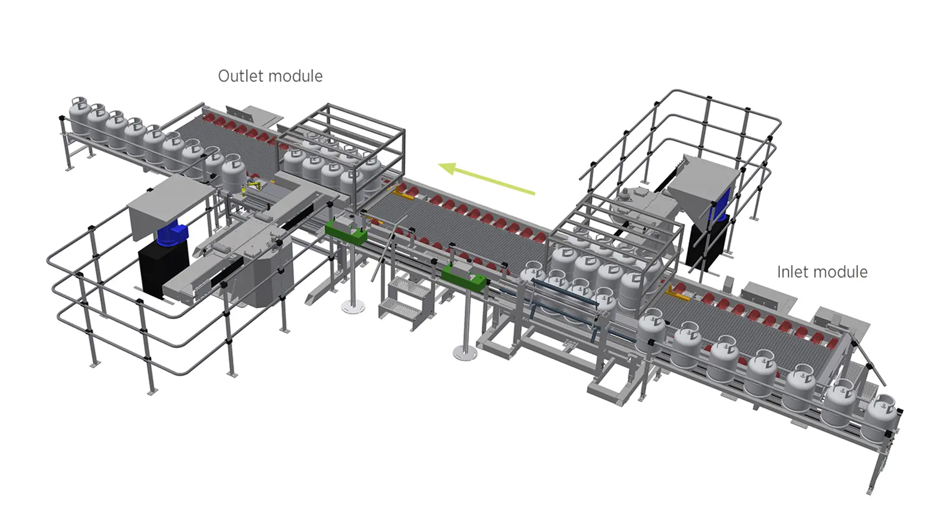 3D illustration of a linear palletiser with manual pallet transport on roller conveyor