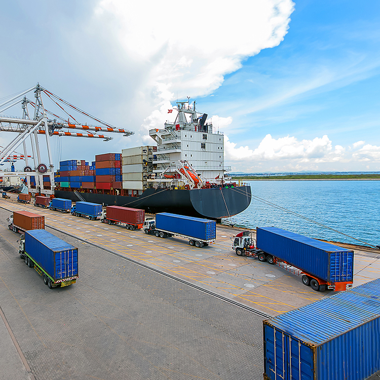 image of a harbour with several trucks with containers and a container ship