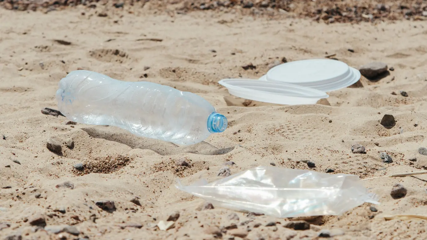 Various plastic items washed up on a beach