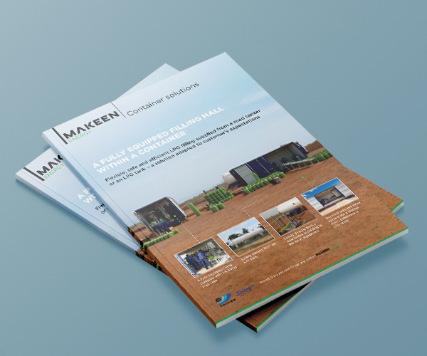 image of brochure cover with a blue containers with green LPG cylinders inside, and a title saying A fully equipped filling hall within a container