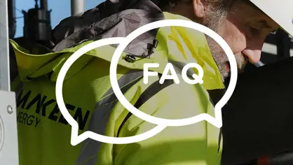 a MAKEEN Energy worker with helmet and yellow jacket with an icon on top saying FAQ