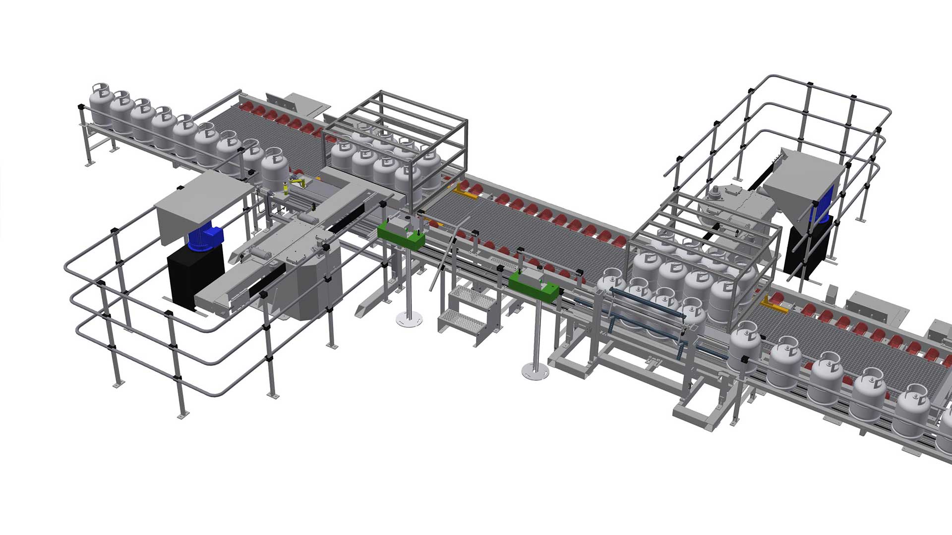 3D illustration of a linear palletiser with manual pallet transport on roller conveyor