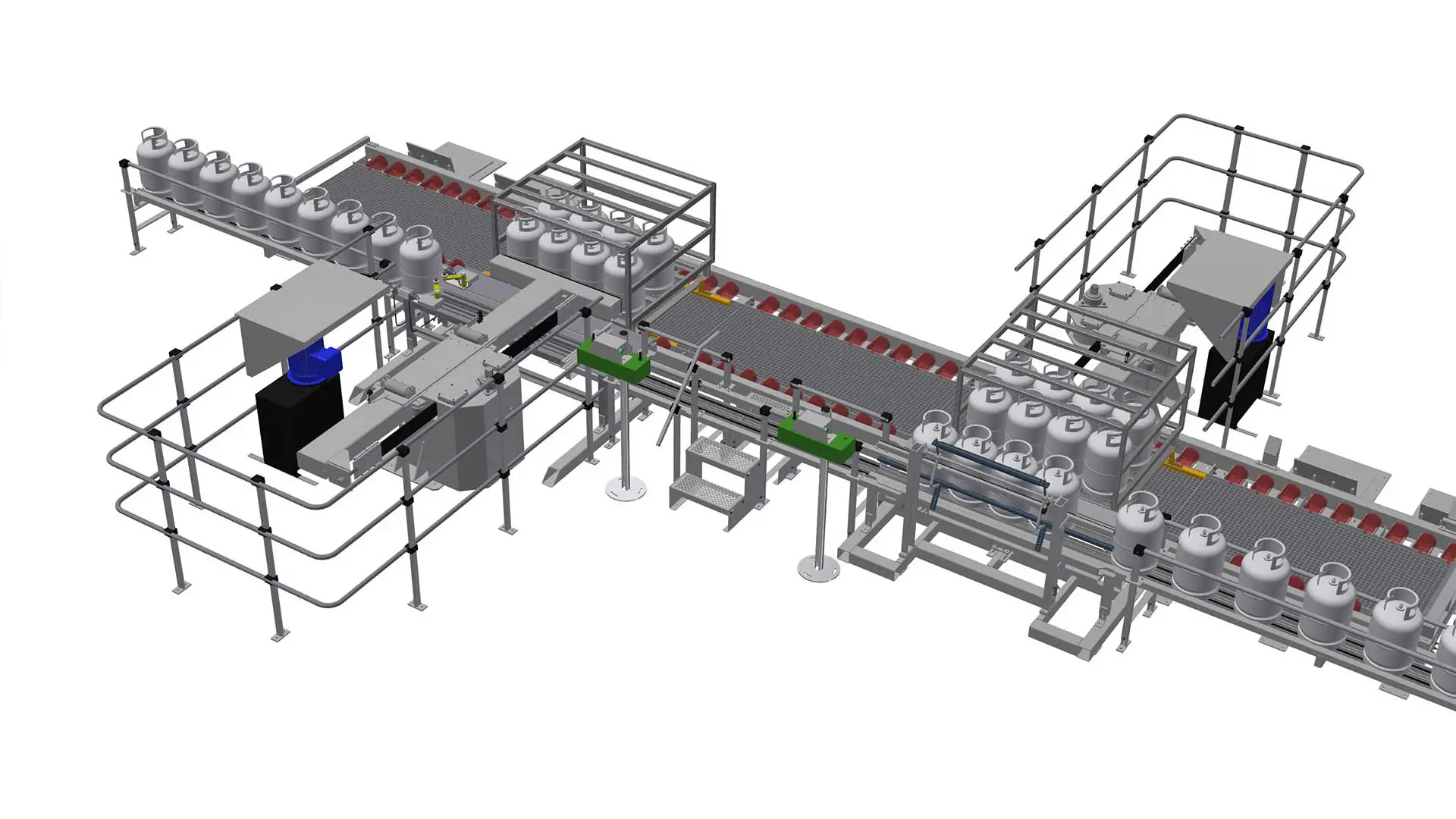 3D illustration of a linear palletiser with manual pallet transport on roller conveyor
