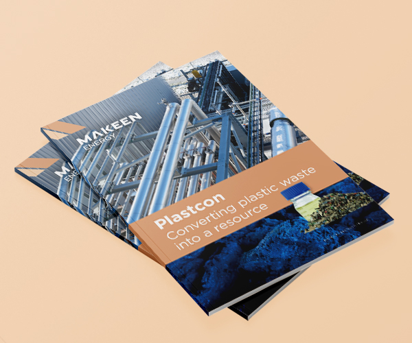 image of brochure cover with a pile of plastic waste, blue sky and a title saying Plastcon plastic waste converted into a resource