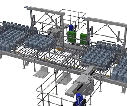 3D illustration of linear palletiser with automatic pallet transport on chain conveyor