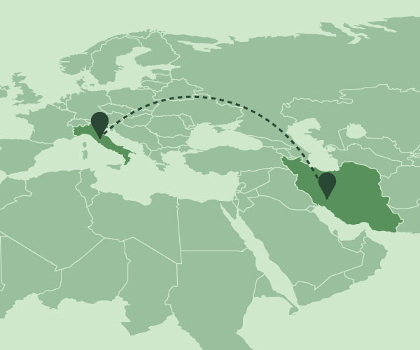 A map showing a route between Italy and Iran