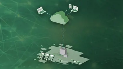 green background imitation wireframes with a cloud solution on top