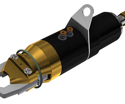 3D illustration of semi-automatic filling head with clamping jaws for screw valves