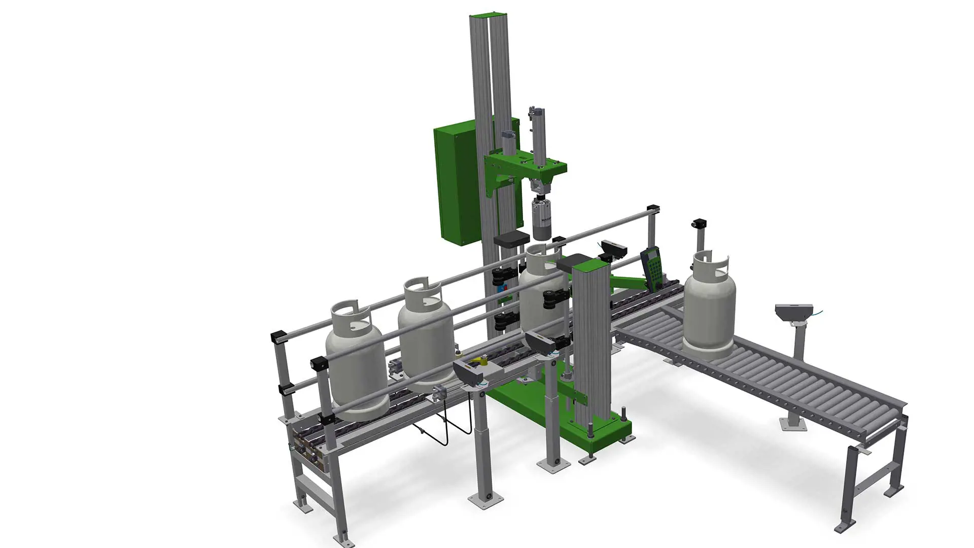 3D illustration of valve leak detector automatic in-line in chain conveyor