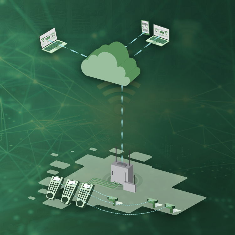 green background imitation wireframes with a cloud solution on top