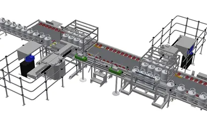 3D illustration of a linear palletiser with manual pallet transport on roller conveyor