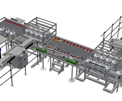 3D illustration of a linear palletiser with manual pallet transport on roller conveyor