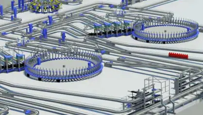 illustration of a filling plant with two FLEXSPEED carousels and the conveyor chains between them