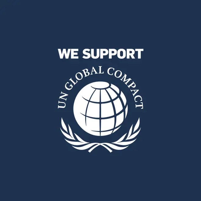 White 'We support UN Global Compact' logo on blue background