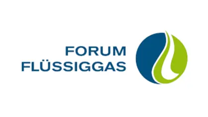 Forum Flüssiggas logo, blue text and a blue and green circle with a green drop