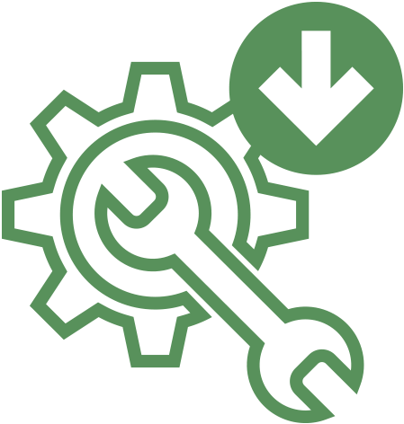 icon for user friendly and low maintenance a gear and spanner and down pointing arrow