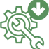icon for user friendly and low maintenance a gear and spanner and down pointing arrow