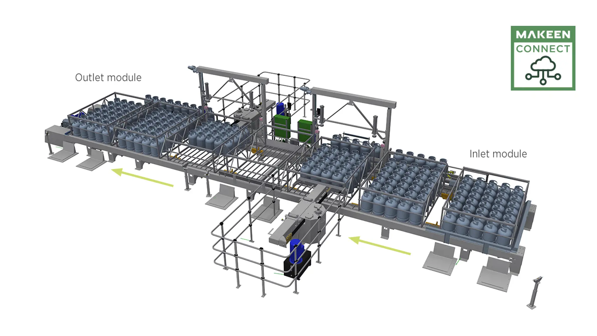 3D illustration of a linear palletiser with automatic pallet transport on chain conveyor