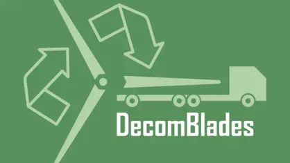 DecomBlades logo - a truck carrying a wind turbine blade with recycling arrows