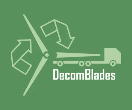 DecomBlades logo - a truck carrying a wind turbine blade with recycling arrows