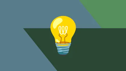 graphic illustration with a green and blue background with a yellow light bulb in front