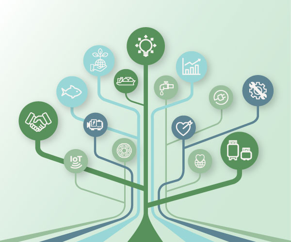 Graphic of various icons and lines coming together to form a tree